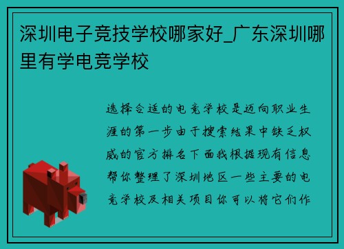 深圳电子竞技学校哪家好_广东深圳哪里有学电竞学校